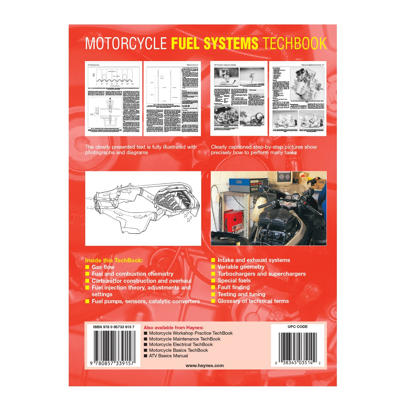 Back cover of a motorcycle fuel systems techbook with text and diagrams on a red background.