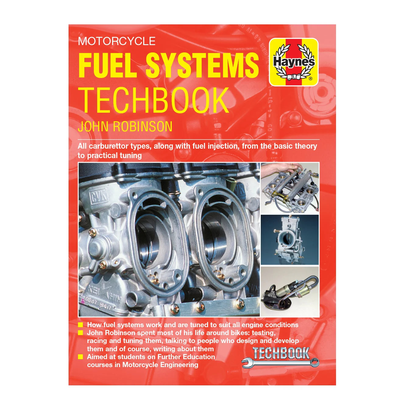 Book cover of 'Motorcycle Fuel Systems Techbook' by Haynes on a red background