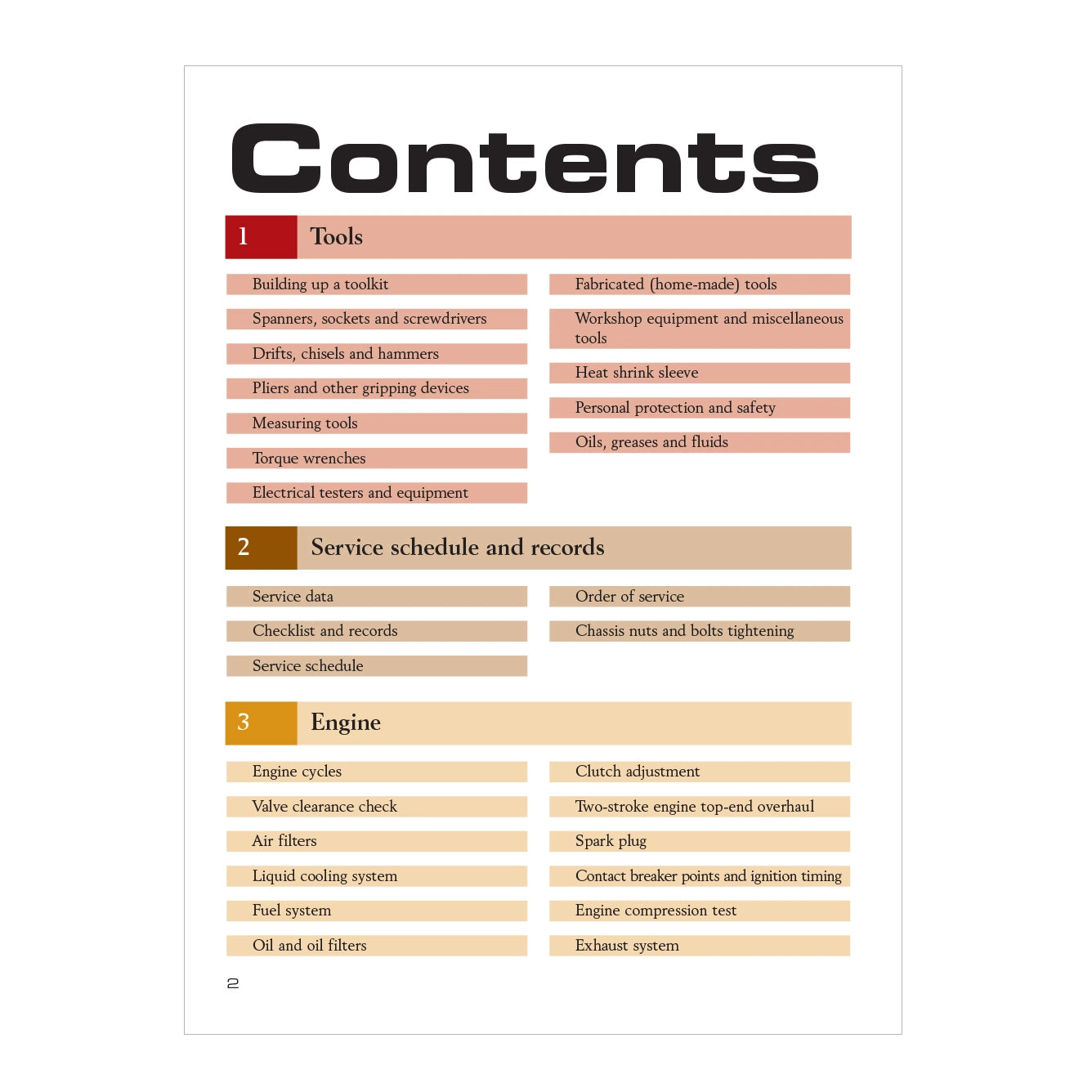Table of contents for a manual or book with sections on tools, service schedule and records, and engine.