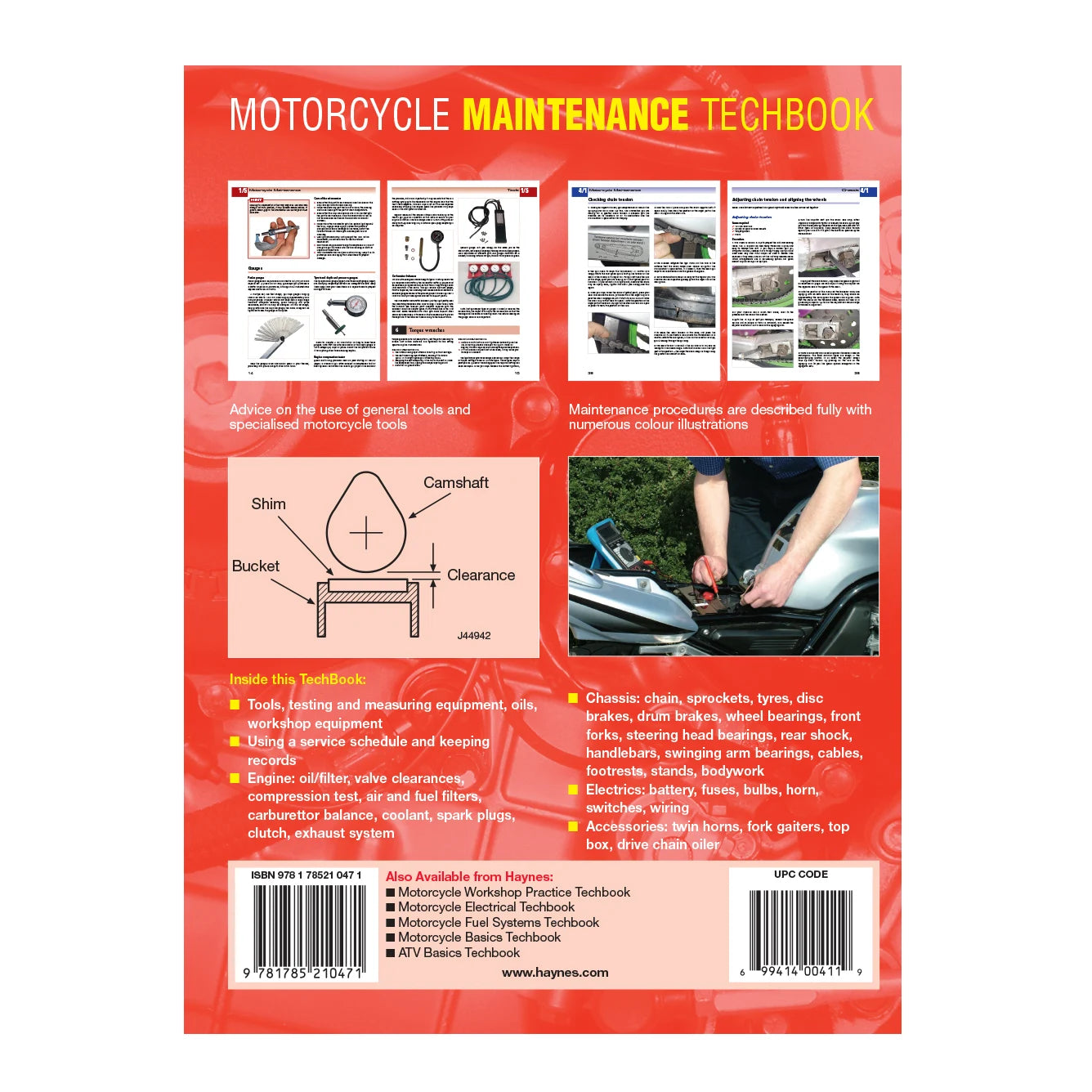 Back cover of a motorcycle maintenance techbook with text and images on a red background