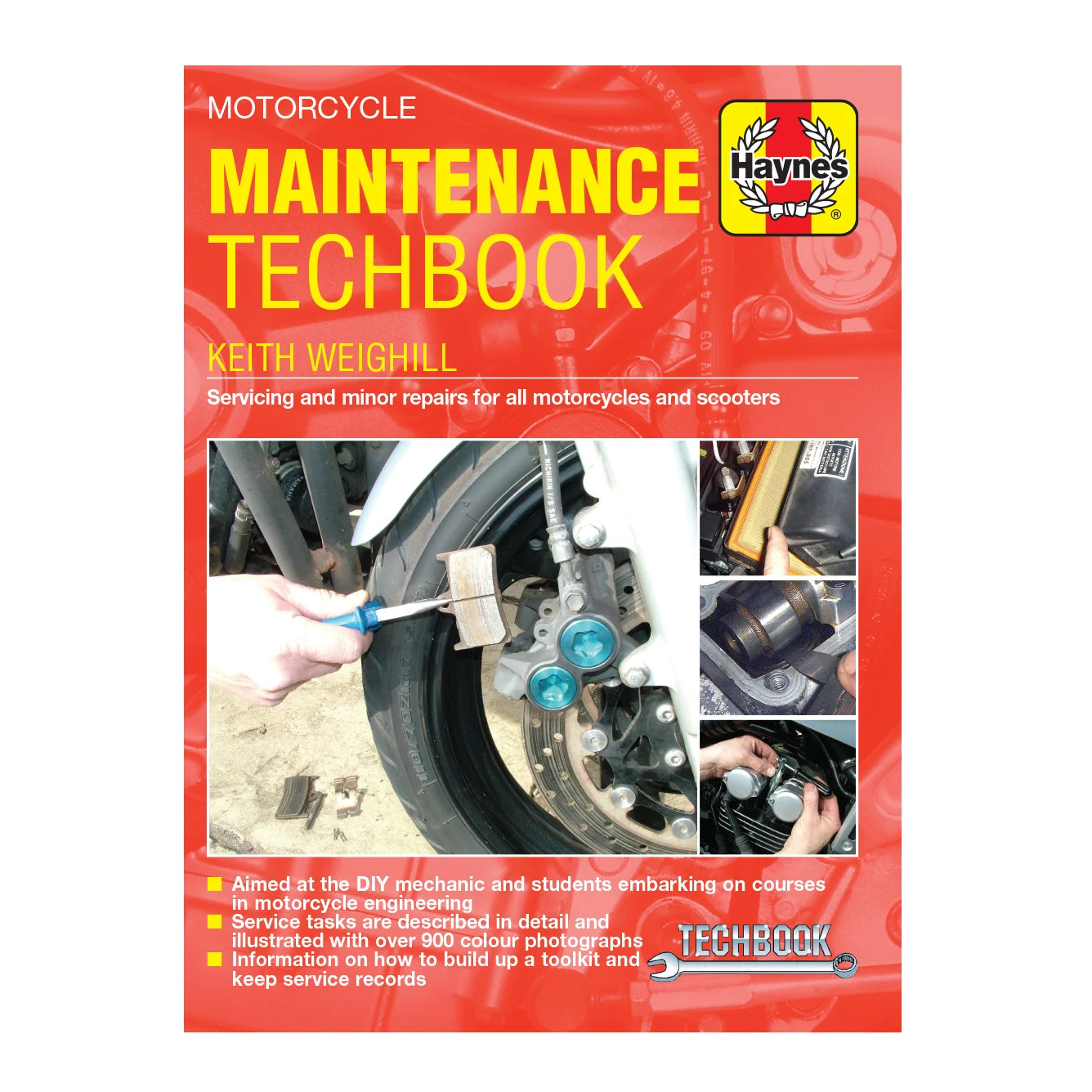 Book cover of 'Motorcycle Maintenance Techbook' by Haynes with images of motorcycle maintenance tasks on a red background.