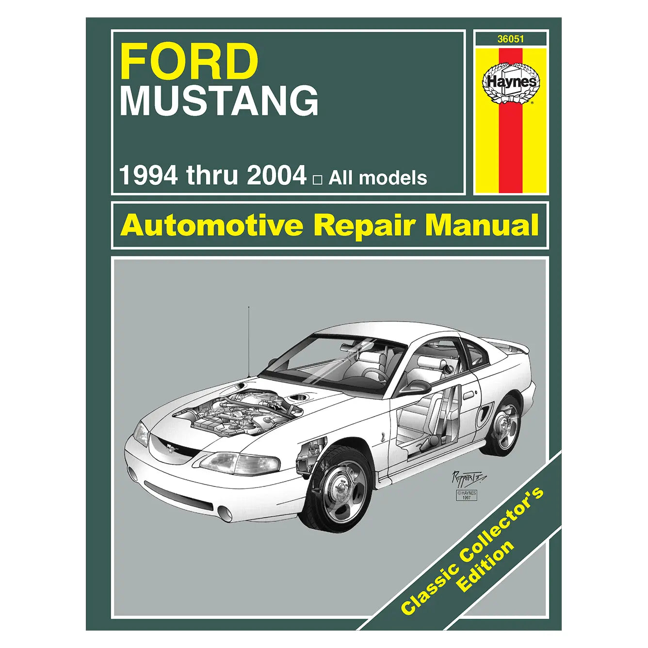 Ford Mustang automotive repair manual cover with a car illustration and Haynes logo.