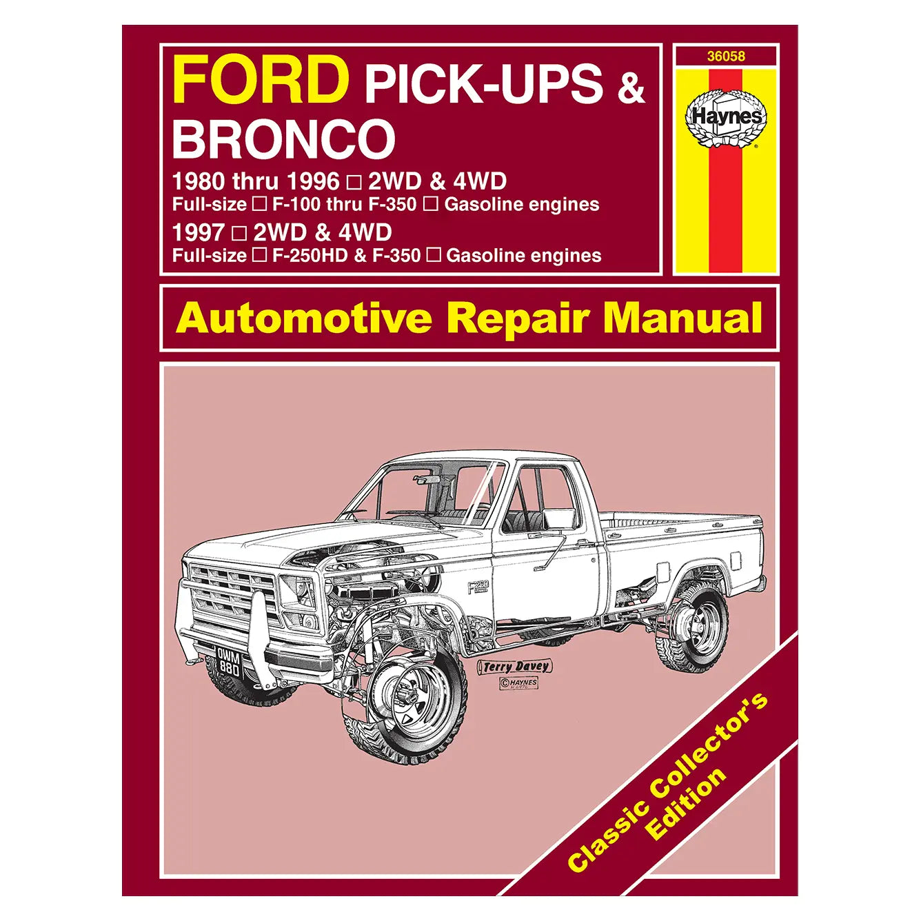 Ford Pick-Ups and Bronco repair manual cover with truck illustration and red border