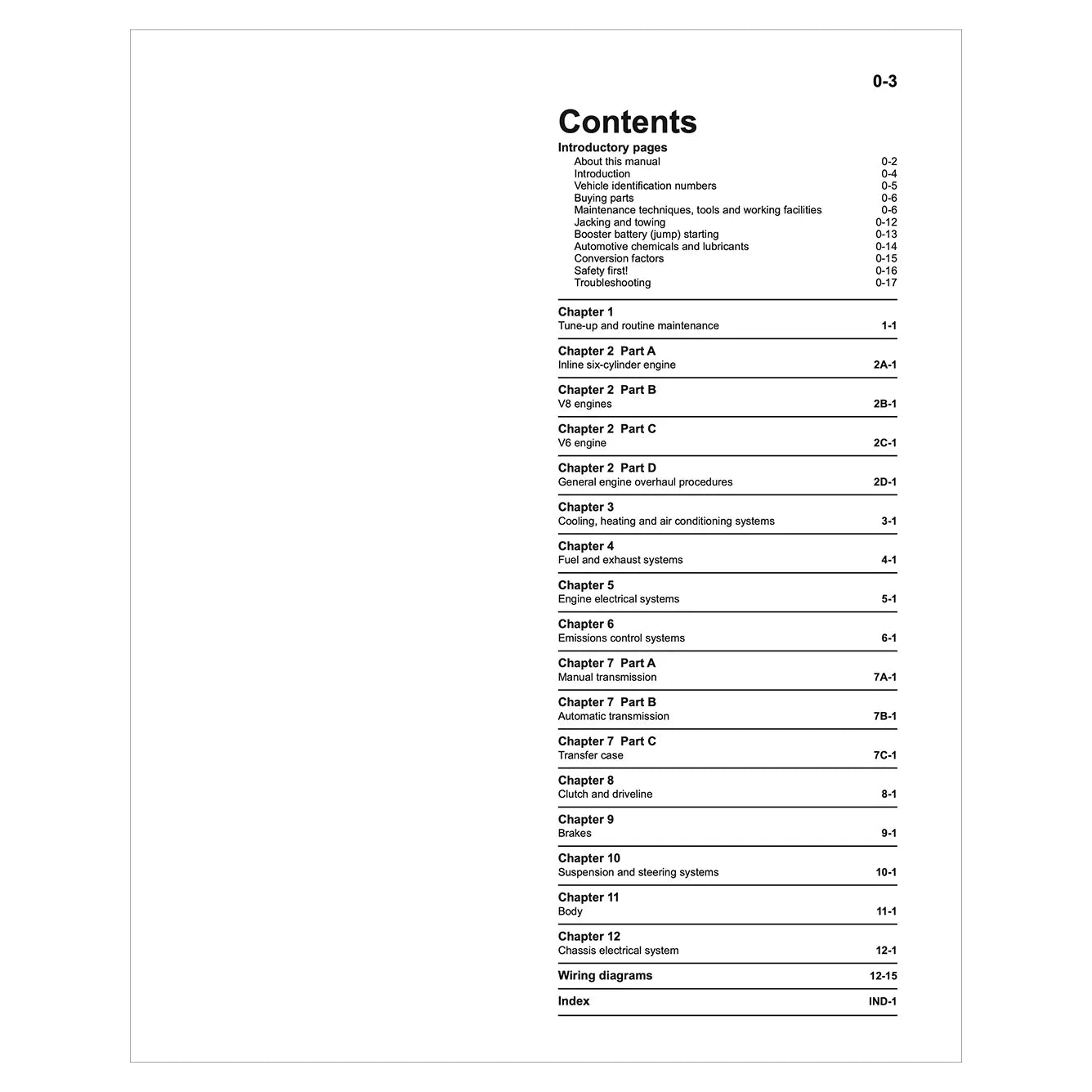Table of contents page from a technical manual on a white background