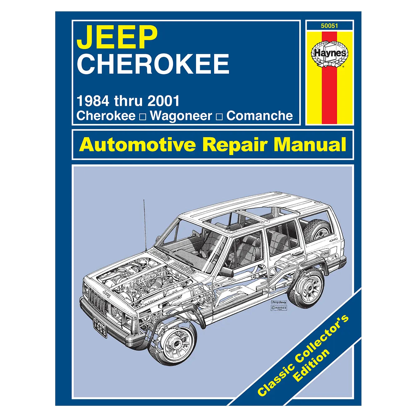 Haynes Jeep Cherokee repair manual cover with vehicle illustration on a blue background