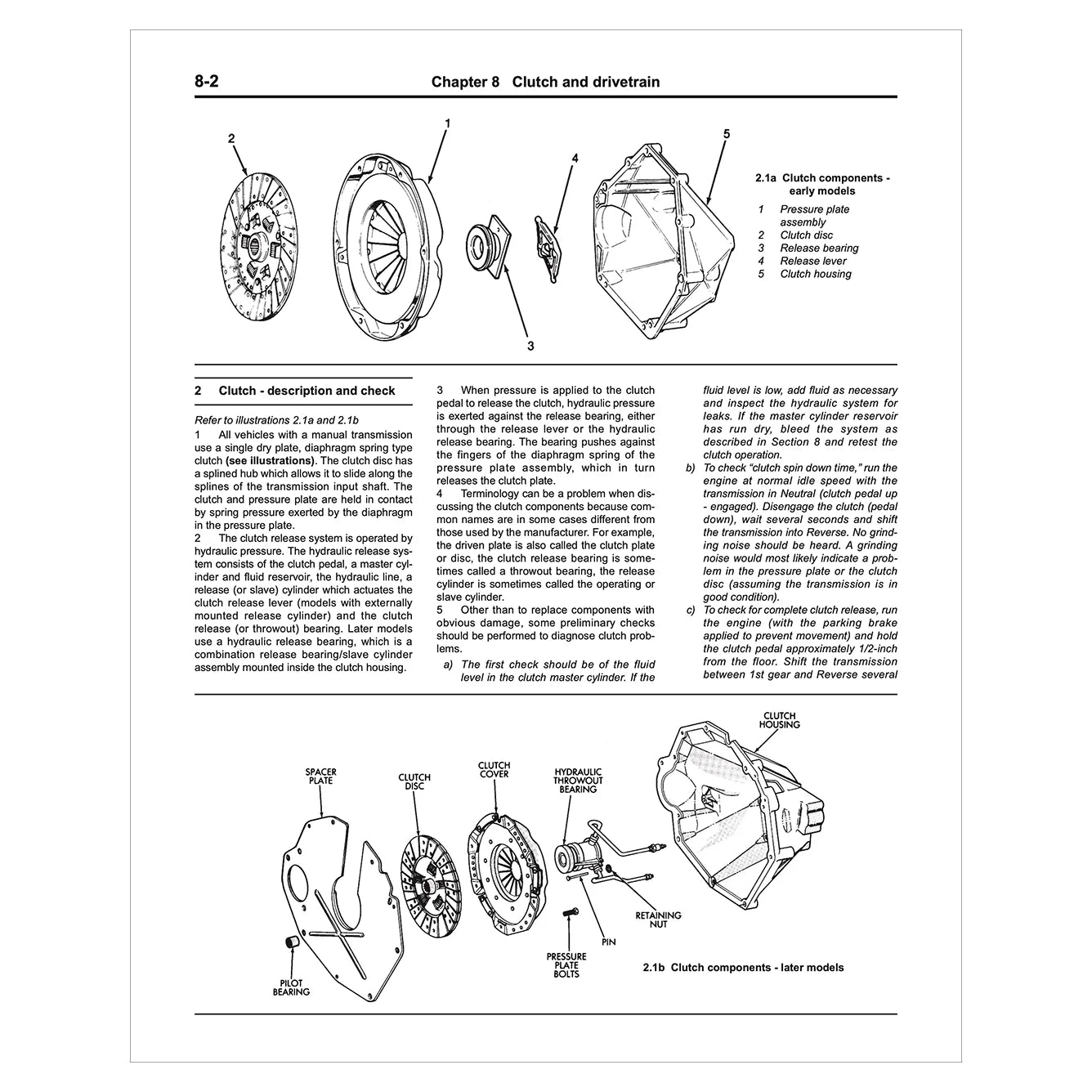 Technical diagram and text on clutch and drivetrain components from a manual or technical guide.