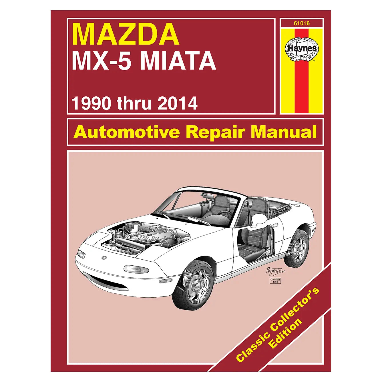 Mazda MX-5 Miata repair manual cover with car illustration and red border