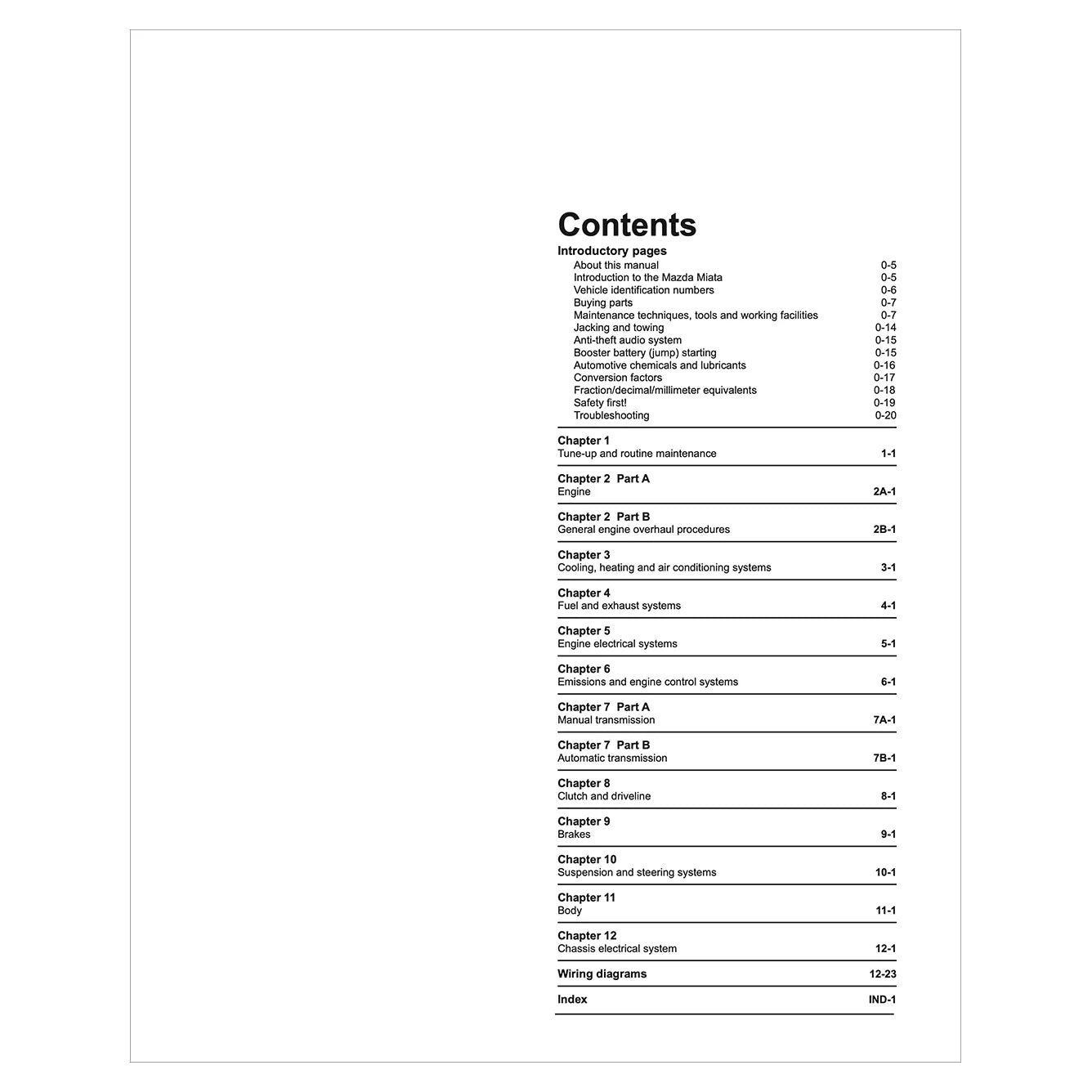 Table of contents for a technical manual on a white background