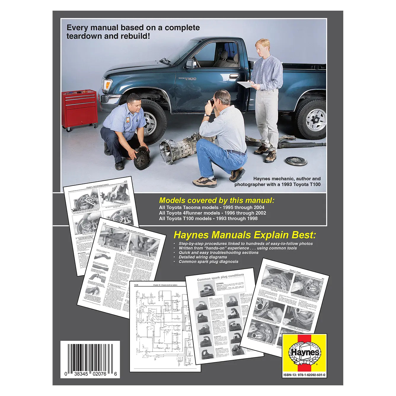 Back cover of a Haynes manual with images of mechanics working on a truck and text about the manual's content.