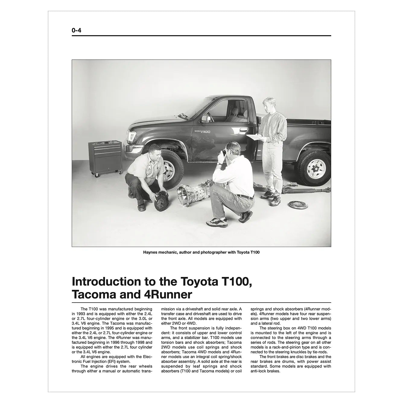 Black and white photo of three people working on a Toyota truck with text about the Toyota T100, Tacoma, and 4Runner.