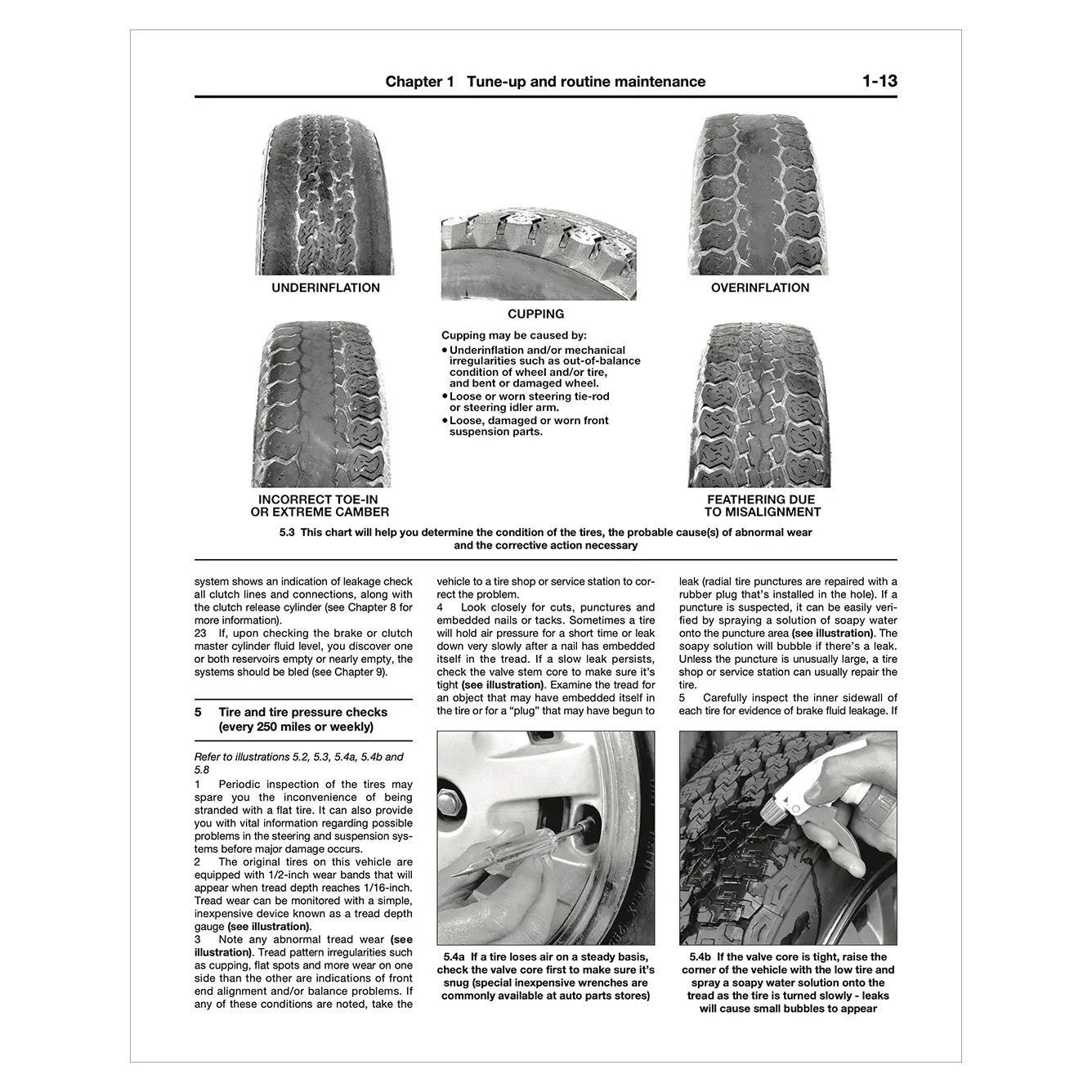 Page from a manual on tire maintenance with images and text explaining tire conditions.