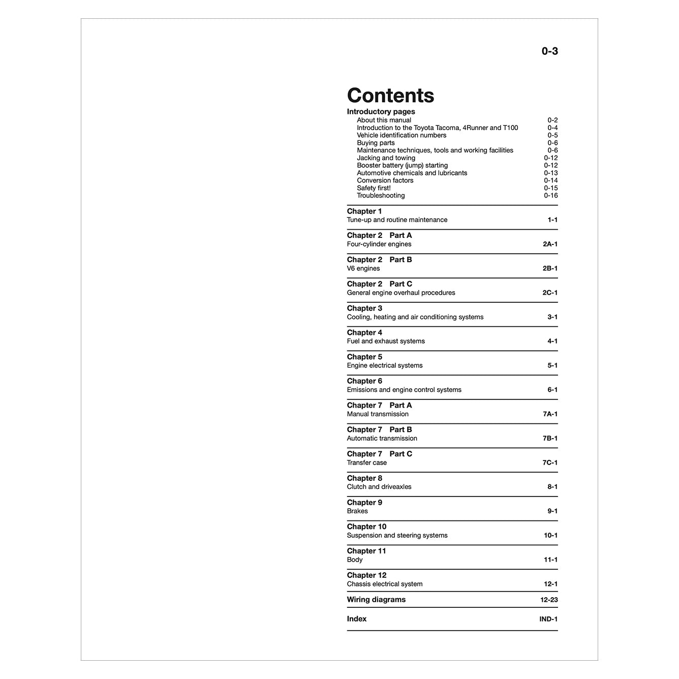Table of contents page from a technical manual on a white background