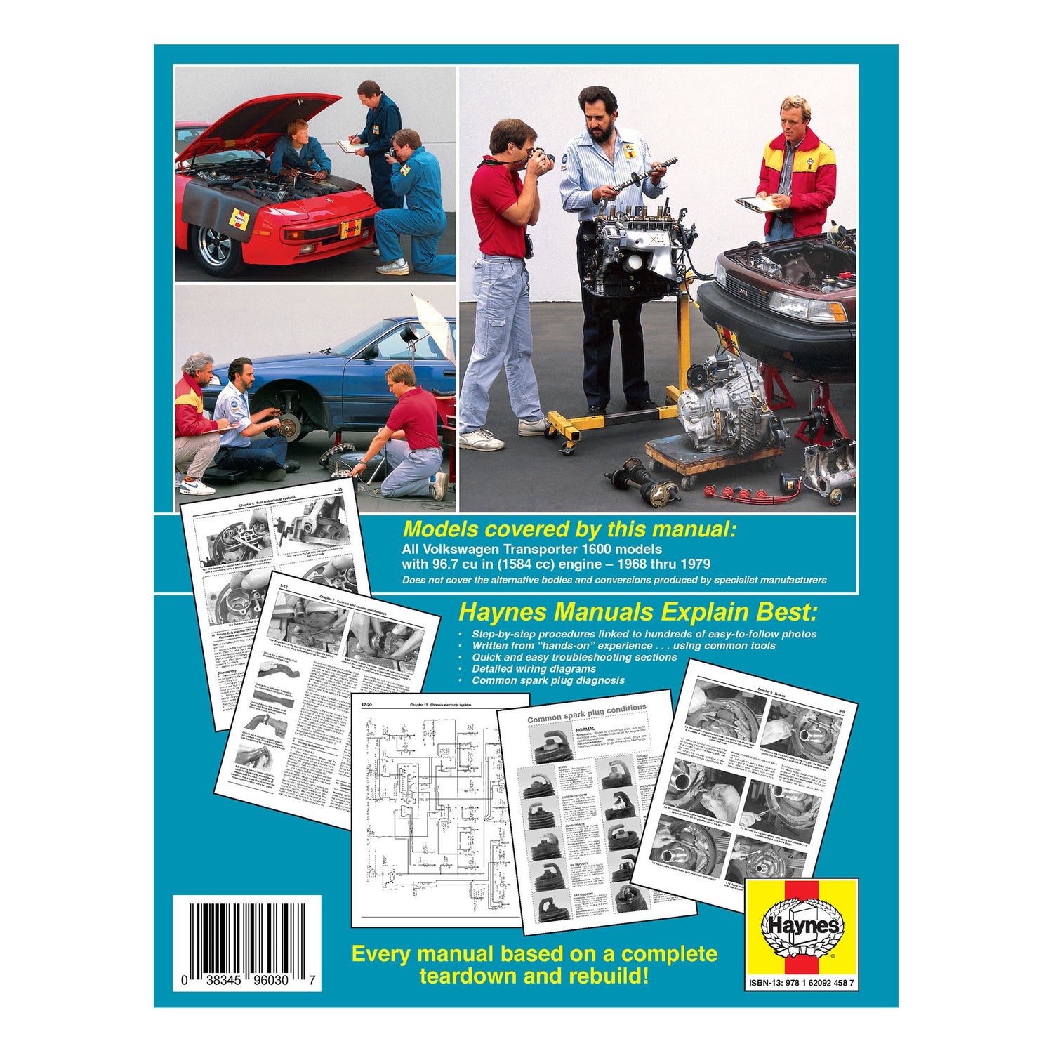 Back cover of a Haynes manual with images of people working on cars and text about the manual's features.