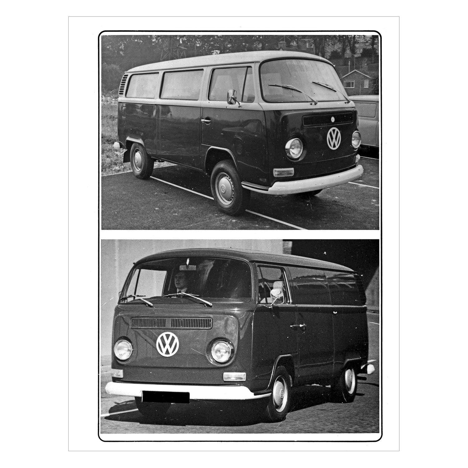 Two black and white images of a vintage Volkswagen van.
