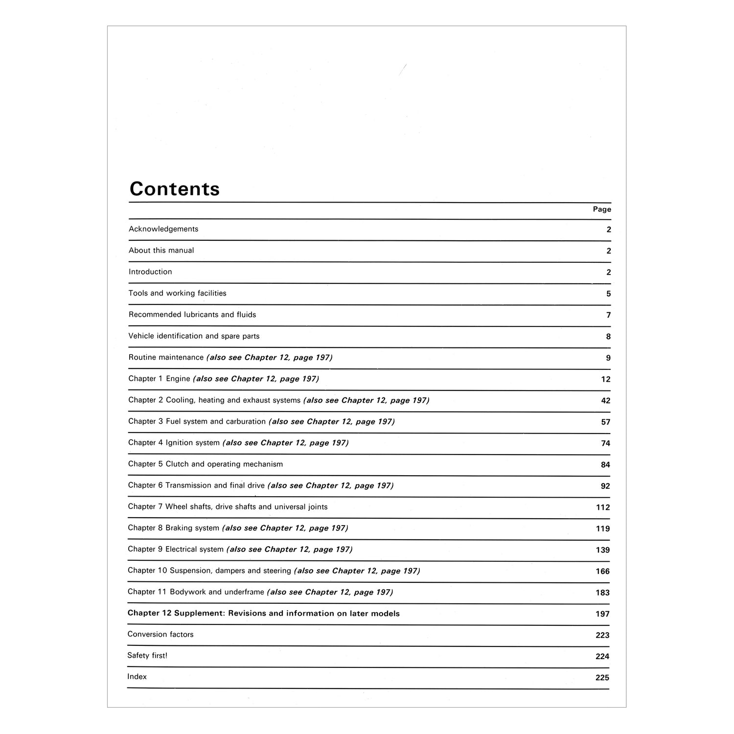 Table of contents for a manual on a white background