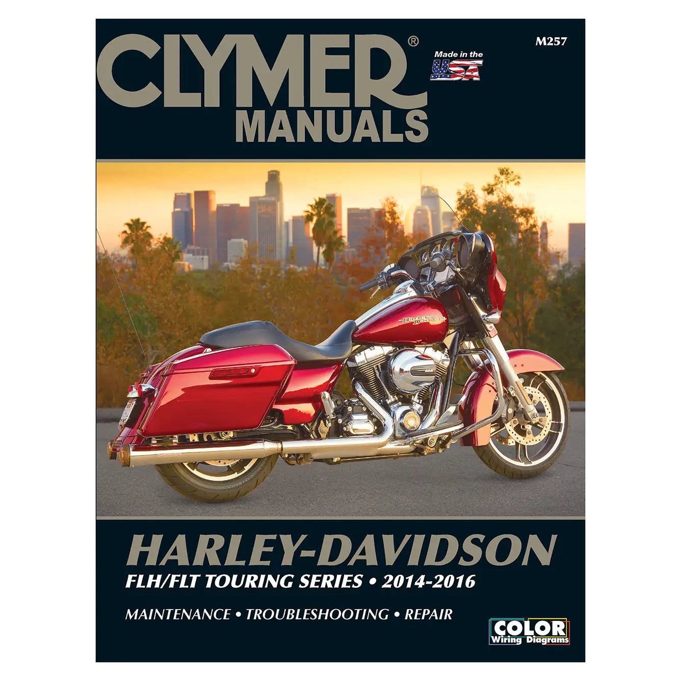 Clymer manuals book cover with a red Harley-Davidson motorcycle on a cityscape background
