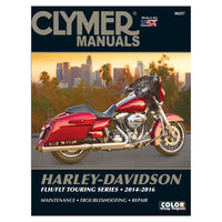 Clymer manuals book cover with a red Harley-Davidson motorcycle on a cityscape background