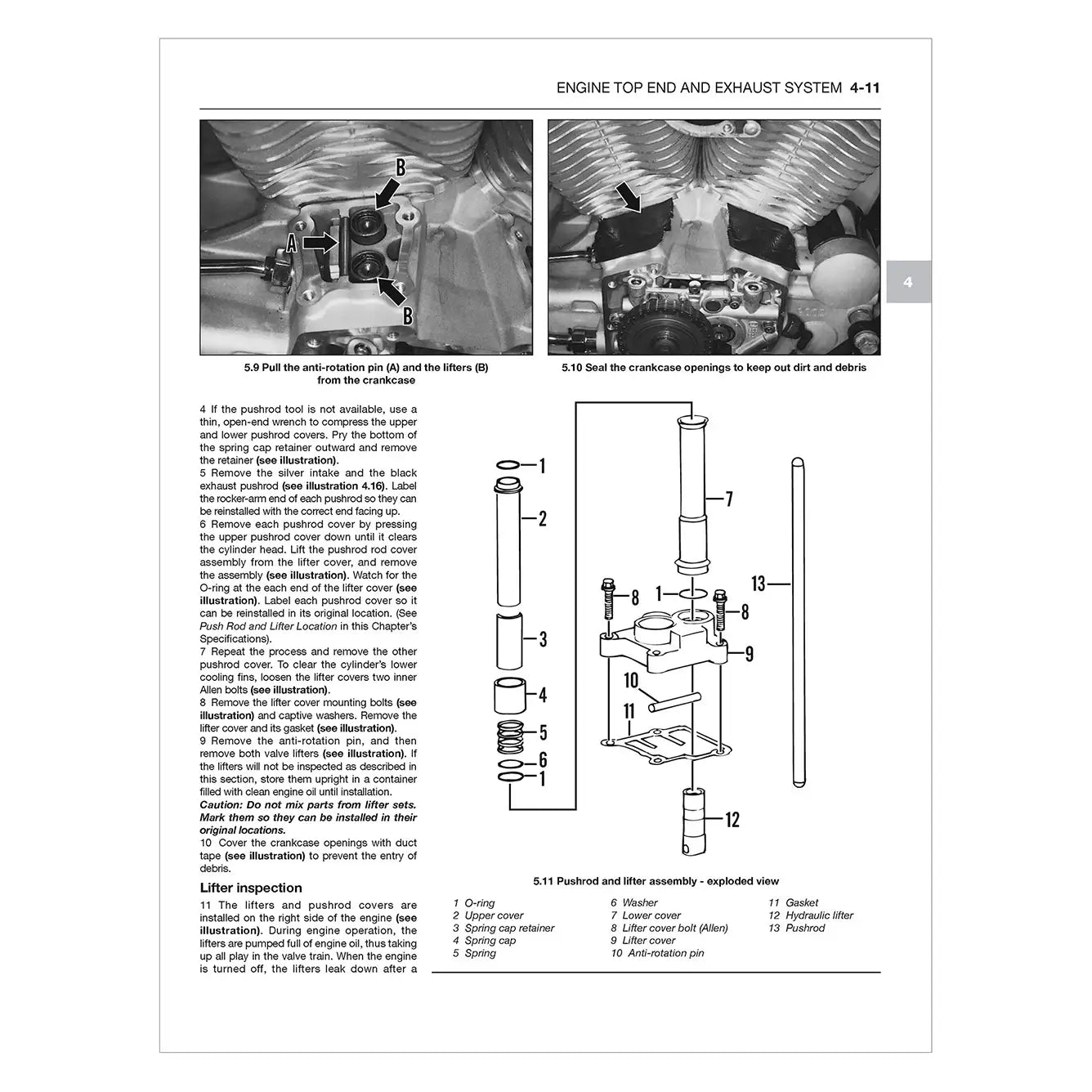Technical manual page with diagrams and text on engine top end and exhaust system.