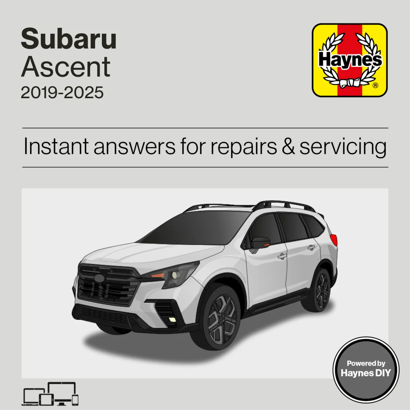 Haynes manual cover for Subaru Ascent with a white SUV on a gray background
