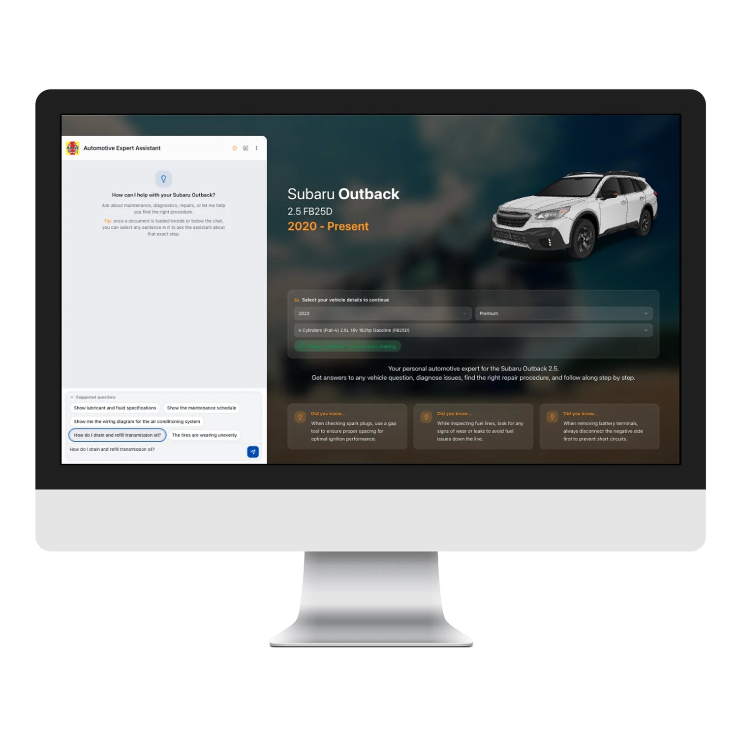 Computer monitor displaying a Subaru Outback vehicle on a white background