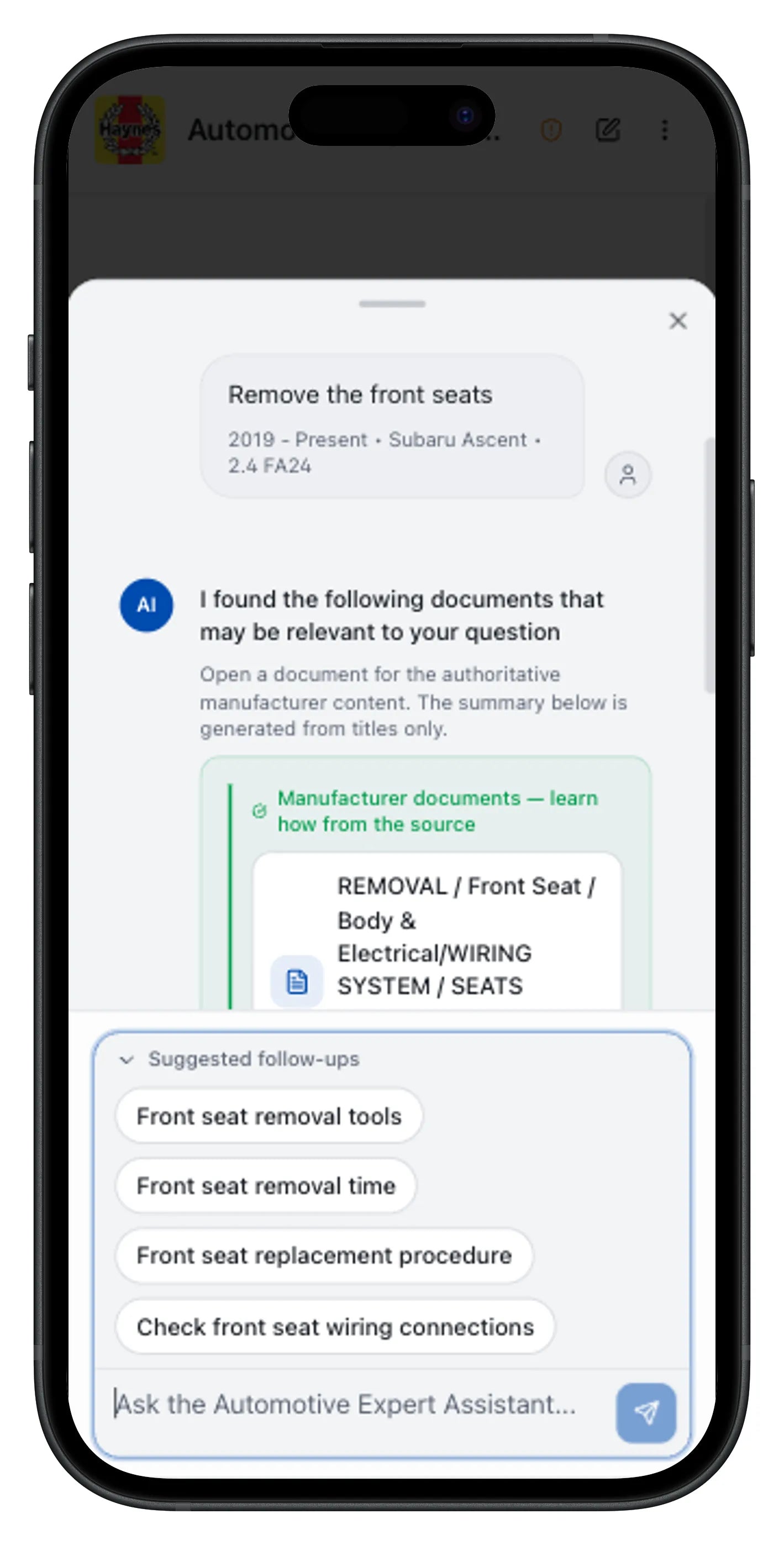 Phone screen displaying automotive repair information for seat removal on a black background