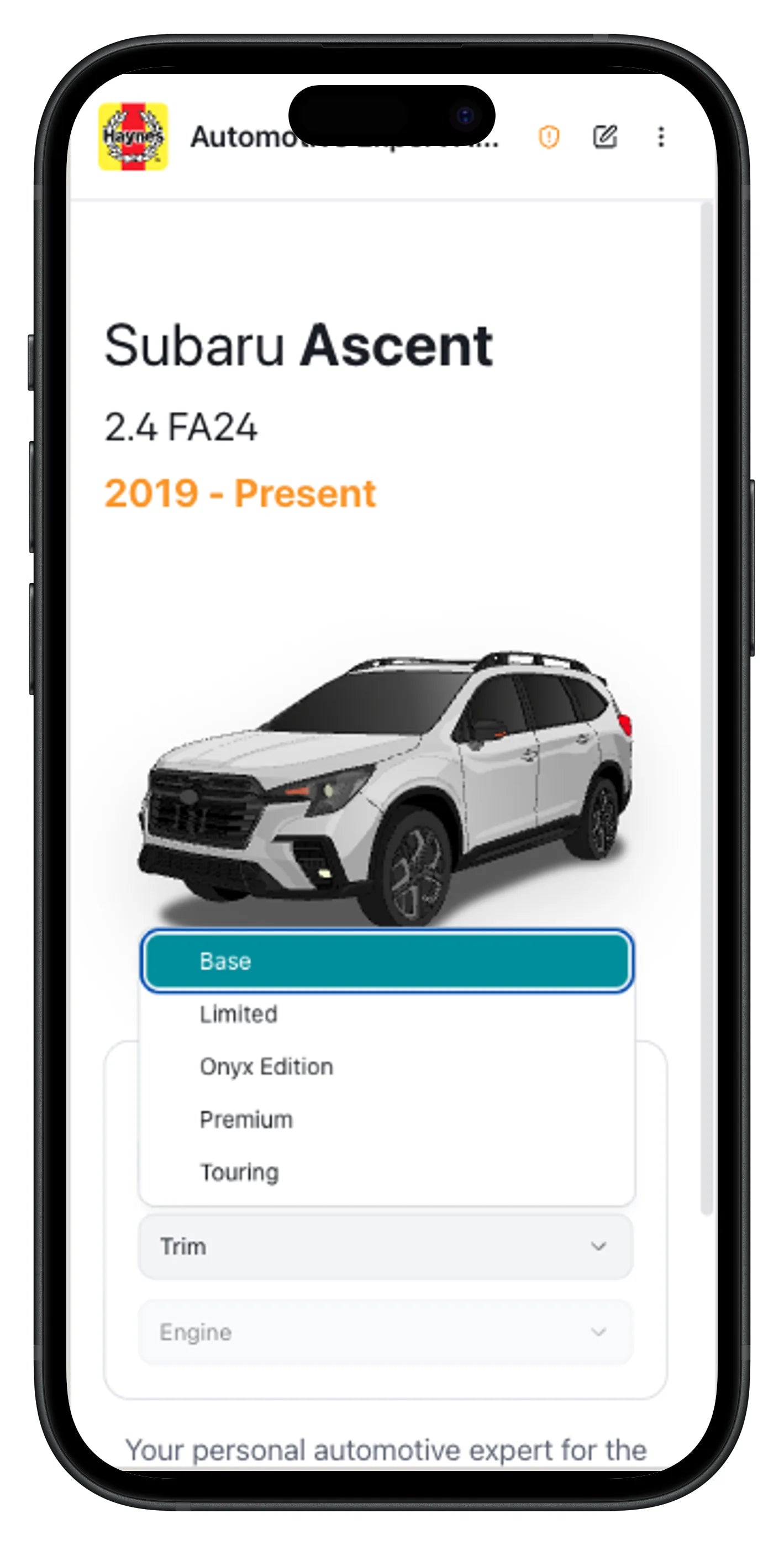 Phone screen displaying information about a Subaru Ascent with model details.