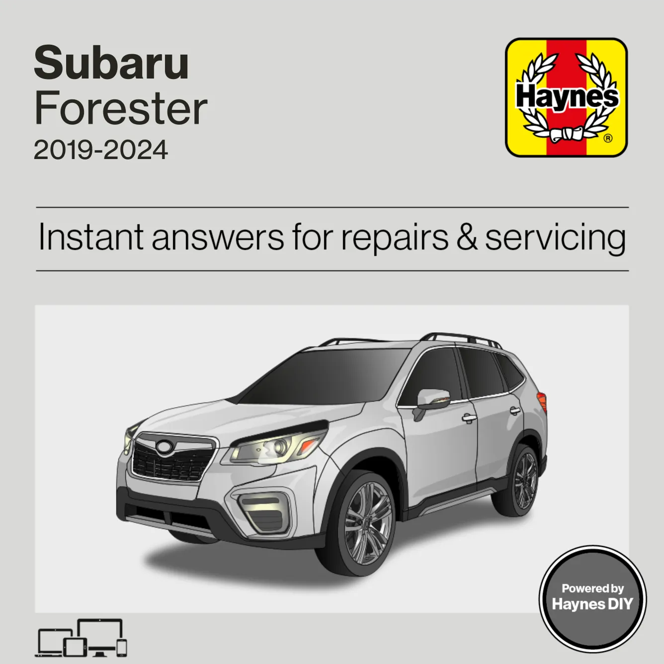 Haynes manual cover for Subaru Forester 2019-2024 with a white SUV on a gray background.