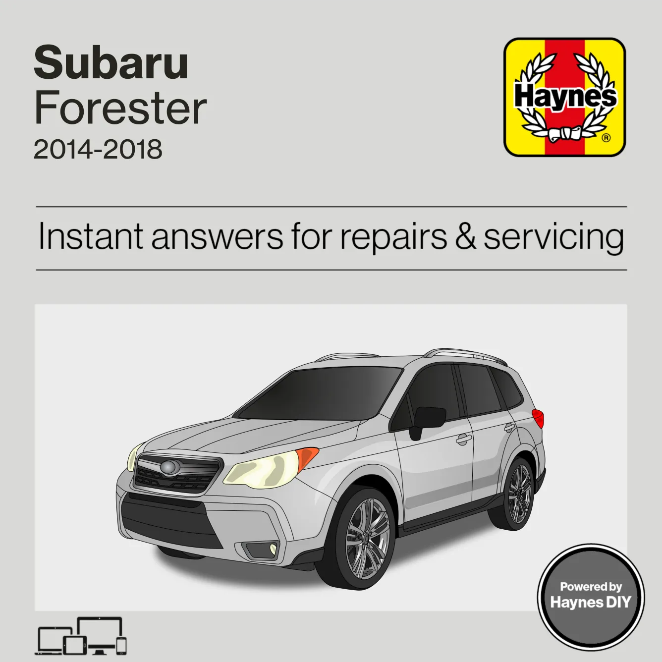 Haynes DIY repair manual cover for Subaru Forester 2014-2018 with a white car illustration on a gray background.
