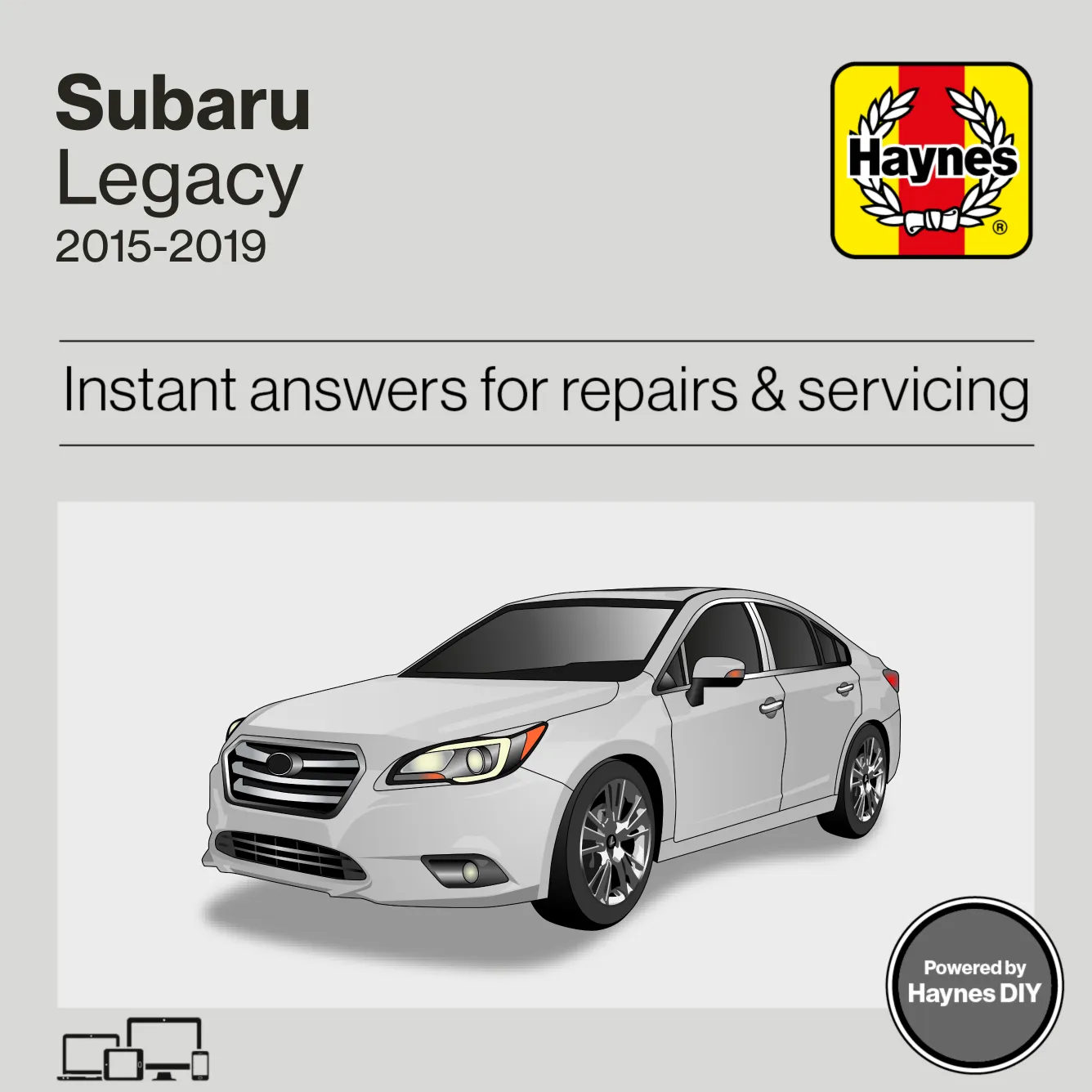 Haynes manual cover for Subaru Legacy 2015-2019 with a white car on a gray background