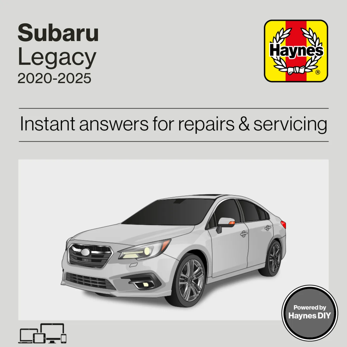 Haynes DIY repair manual cover for Subaru Legacy 2020-2025 with a white car illustration on a gray background.