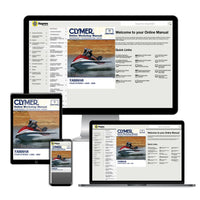 Clymer Online Workshop Manual displayed on multiple devices including a computer monitor, tablet, and smartphone.