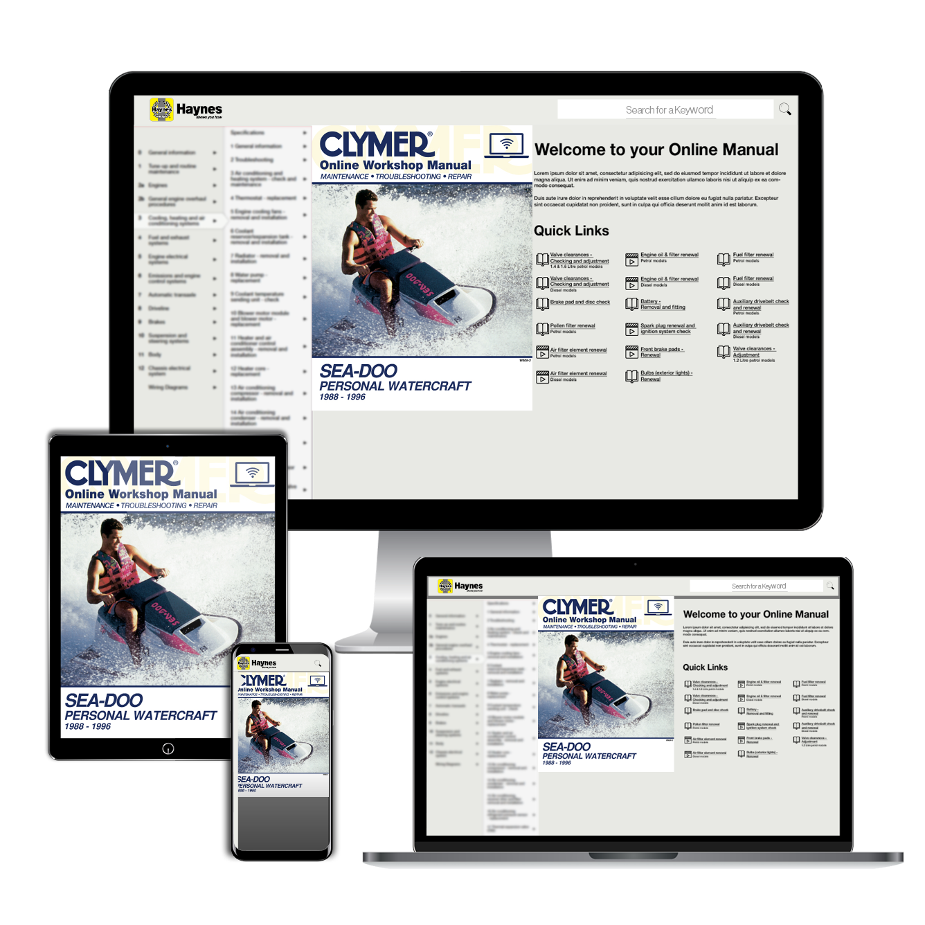 Clymer Online Workshop Manual displayed on multiple devices including a computer monitor, tablet, and smartphone.