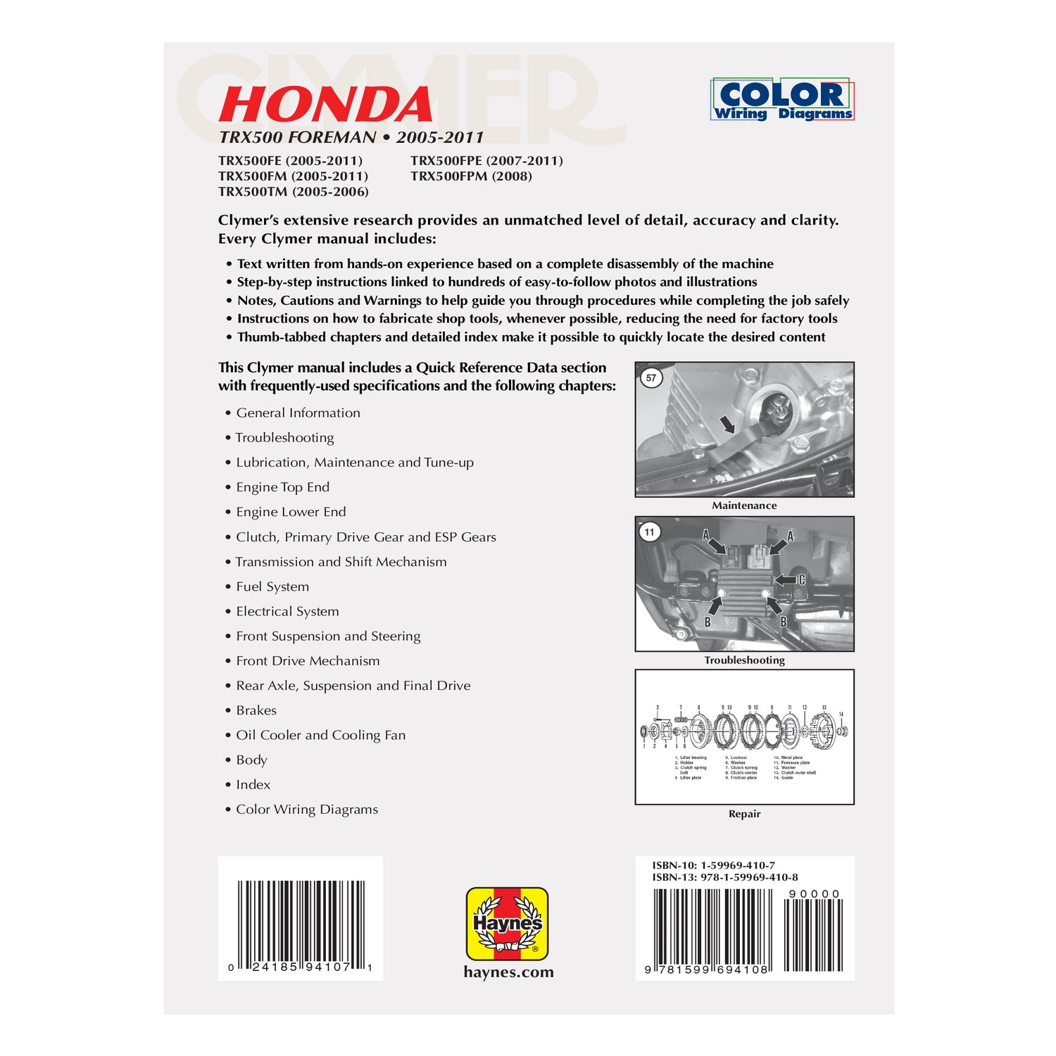 Back cover of a Honda ATV manual with text and diagrams on a white background