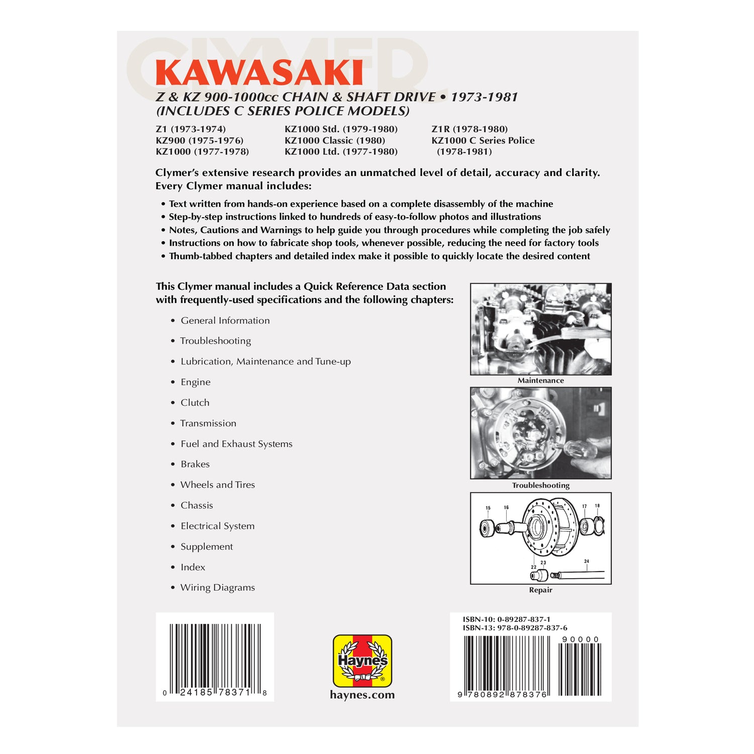 Kawasaki Z & KZ 900-1000cc Chain & Shaft Drive Motorcycle (1973-1981) Service Repair Manual