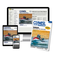 Clymer Yamaha manuals displayed on a computer screen, tablet, and smartphone with a physical book in the foreground.
