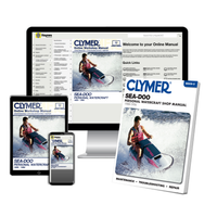 Clymer Sea-Doo repair manual displayed on a tablet, smartphone, and computer screen along with a printed manual.