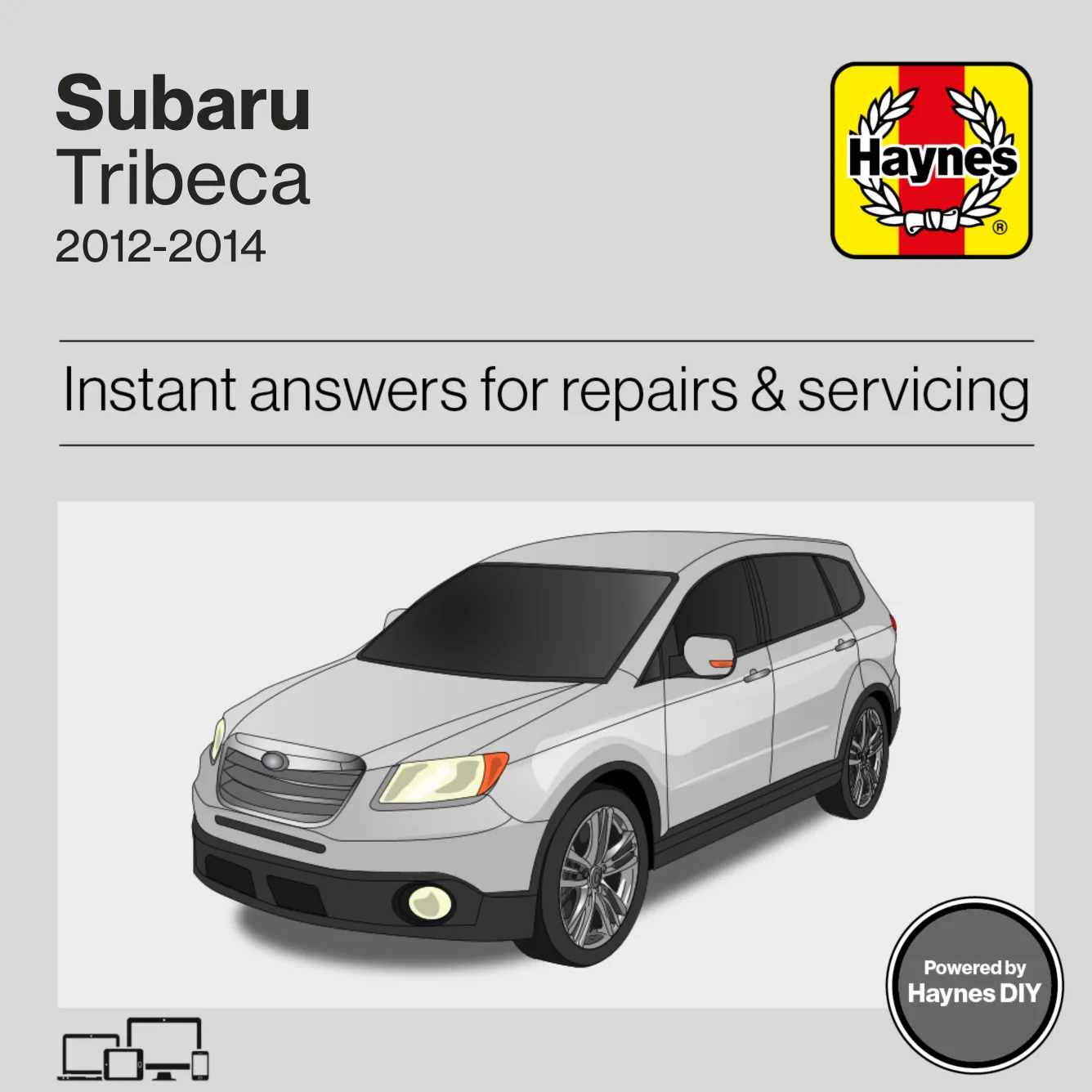 Haynes manual cover for Subaru Tribeca 2012-2014 with a car illustration on a gray background.