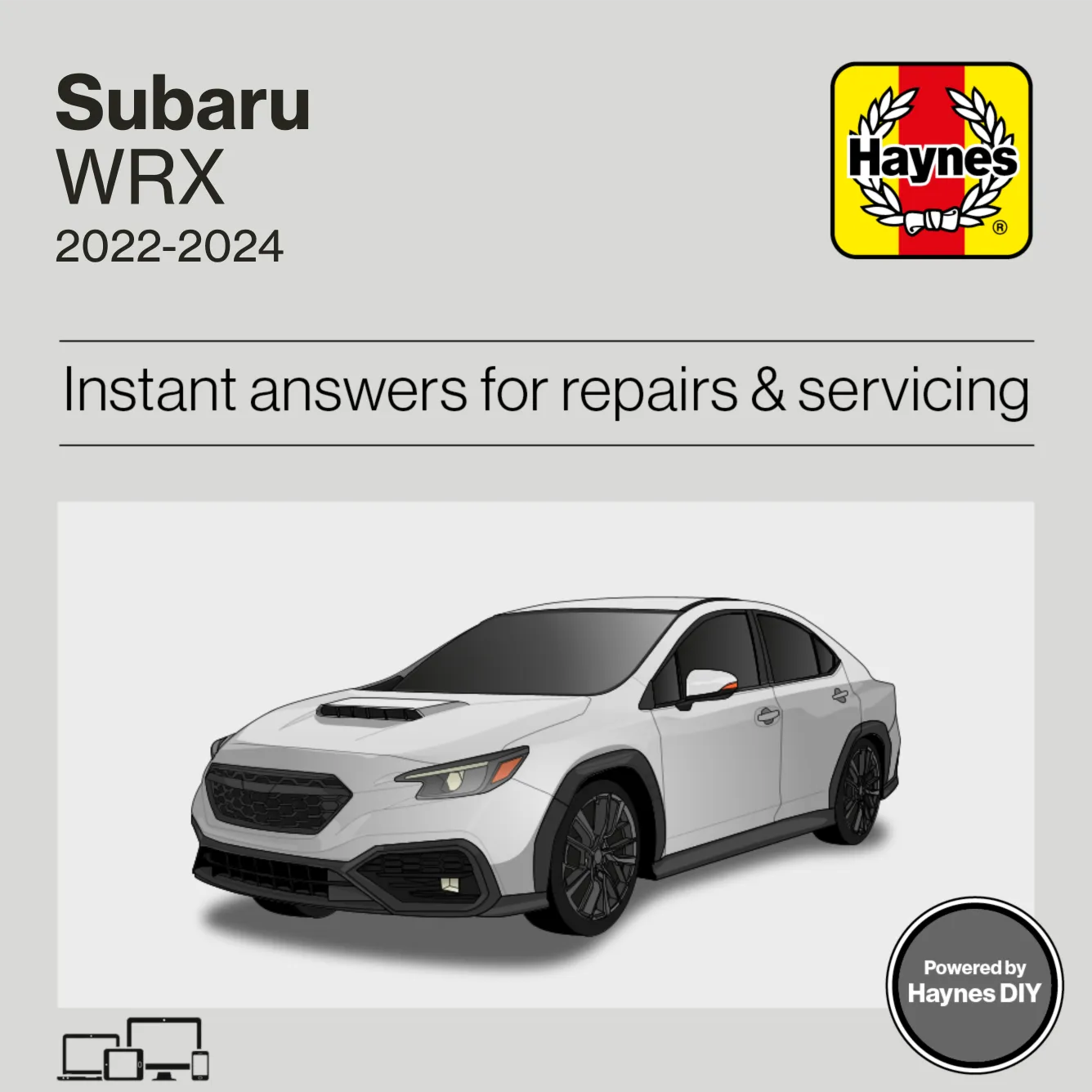 Haynes manual cover for Subaru WRX major repairs and servicing, 2022-2024, with a white car on a gray background.